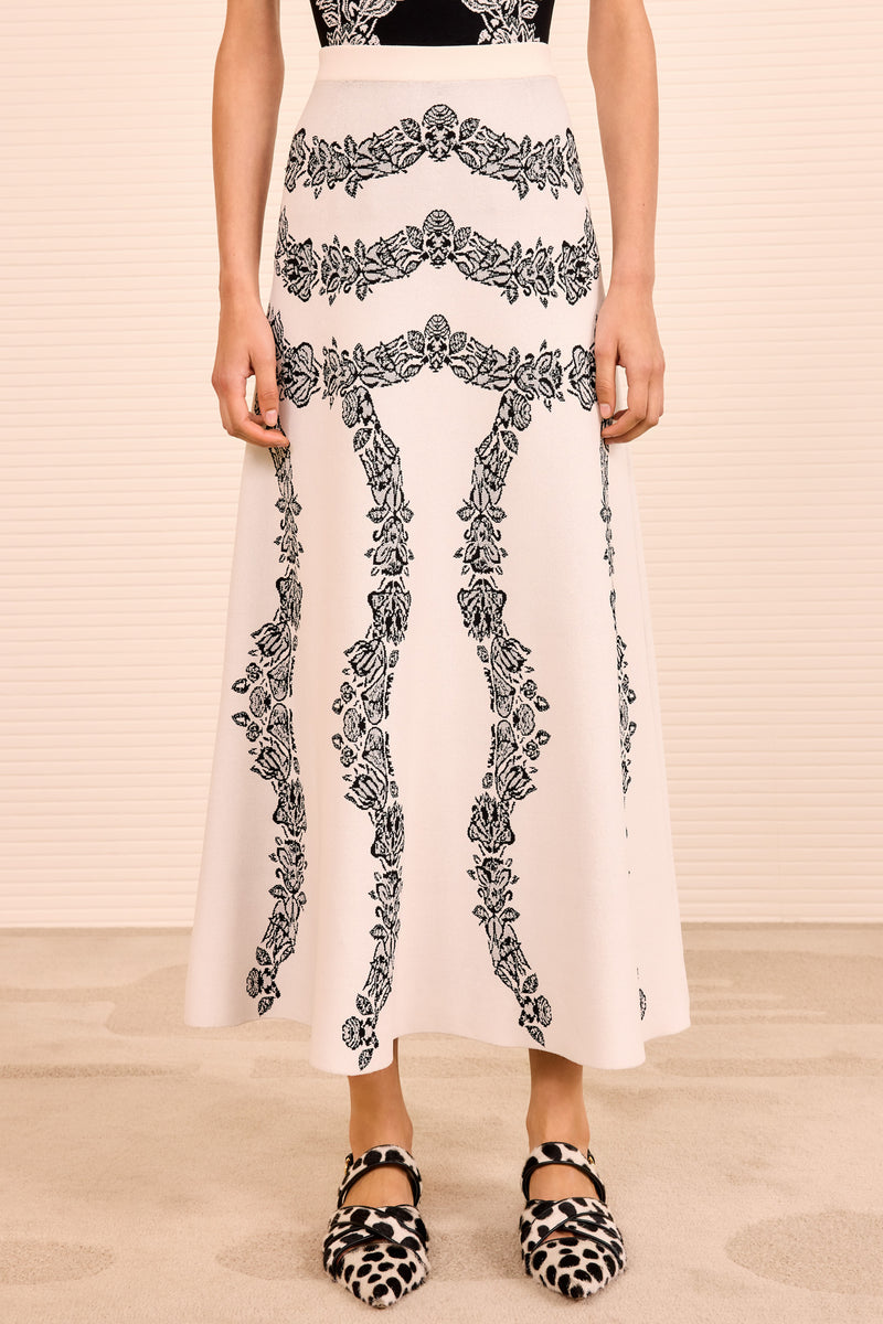 Valencia Jacquard Midi Skirt - Ivory White Jacquard Knit A-Line