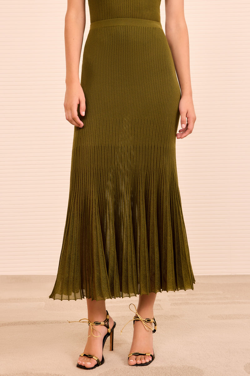 Vera Midi Skirt - Olive Green Pleated Knit Skirt - Ulla Johnson