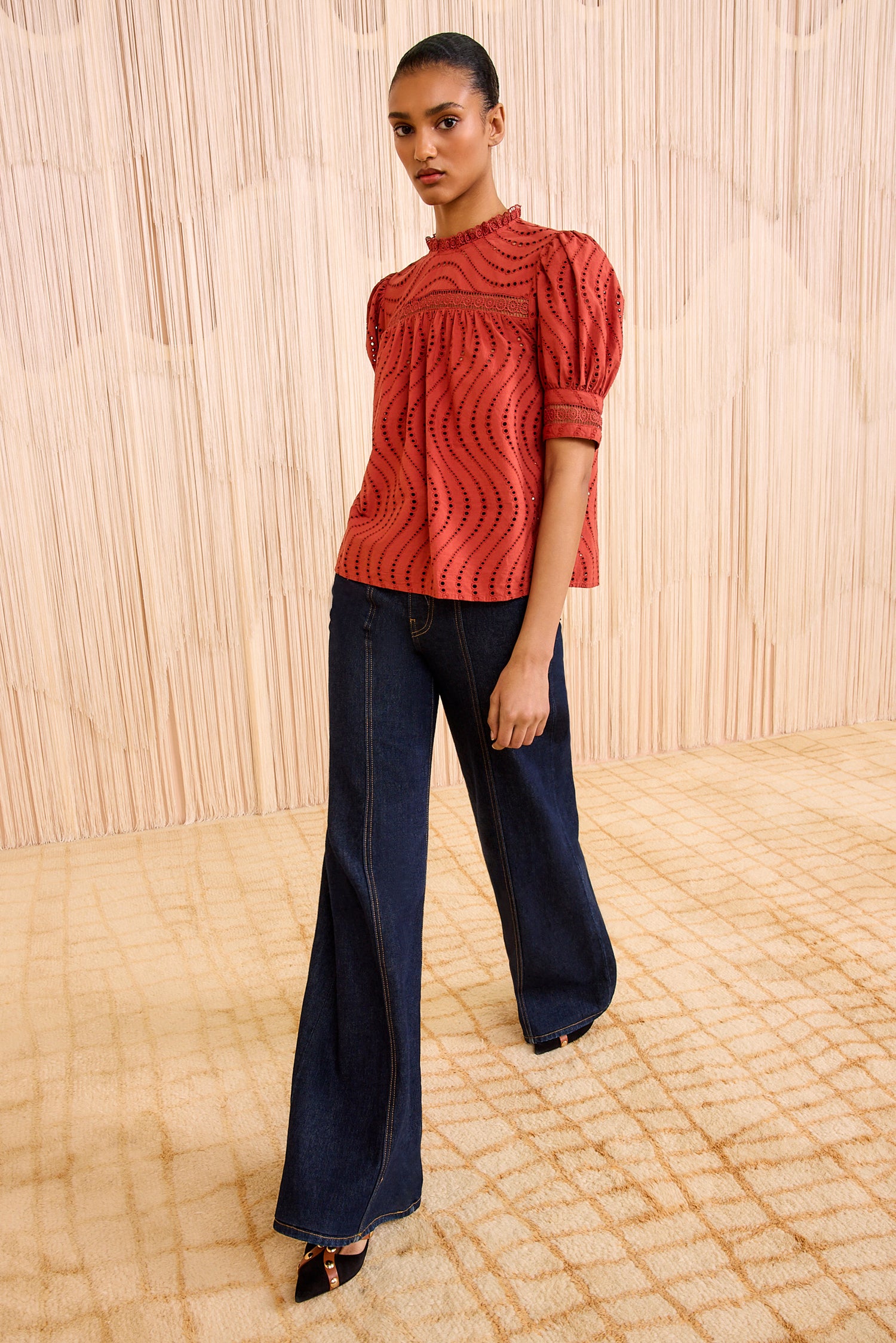 Virginia Lace Collar Short Sleeve Blouse - Claret