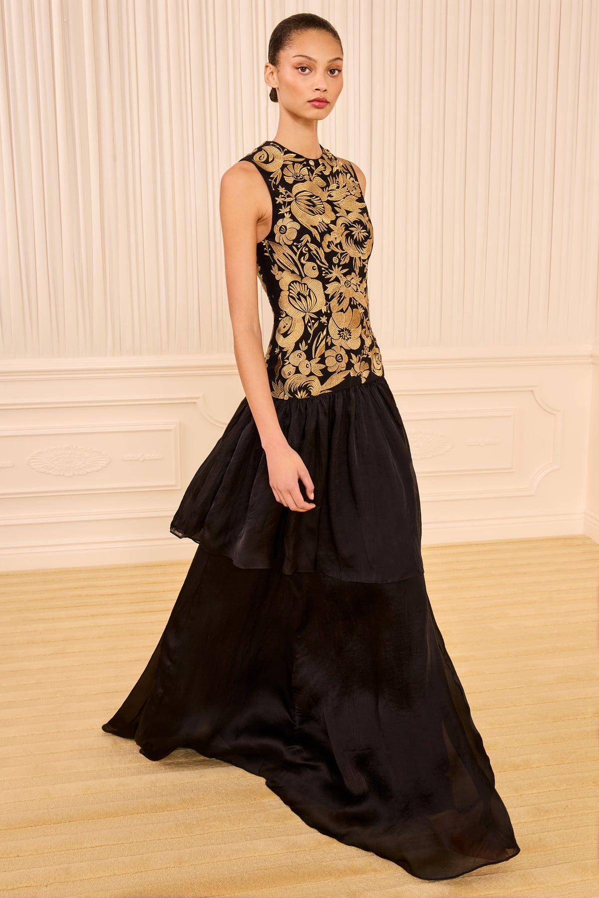 Black Silk Gold Embroidered Gown - Front Side View, On Model | Ulla Johnson