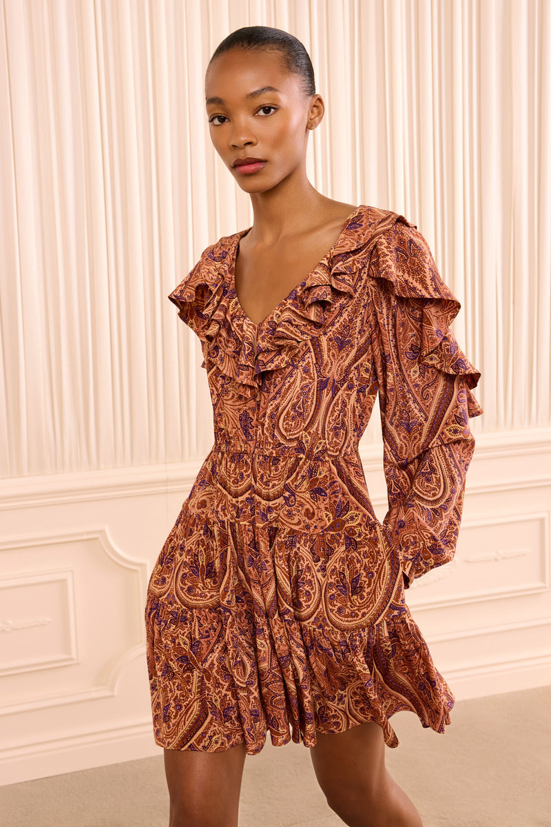Vivi Long Sleeve Silk Mini Dress - Rosette Ruffled V-Neck Tiered Dress