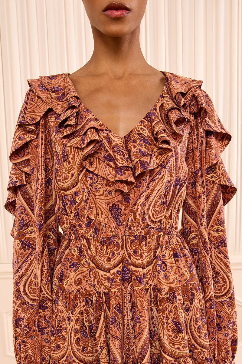 Rosy Monster balloon sleeve frillワンピース Vivi Long Sleeve Silk Mini Dress - Rosette Ruffled V-Neck Tiered