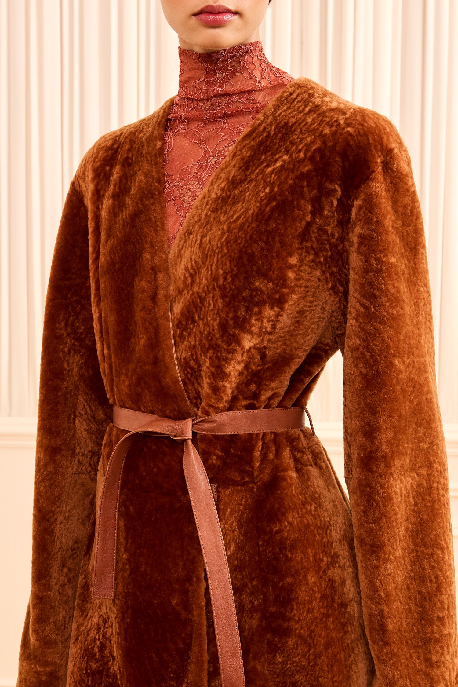 Ulla Johnson Sienna Shearling Coat - V-Neckline and Self-Tie Belt Close-Up | Ulla Johnson