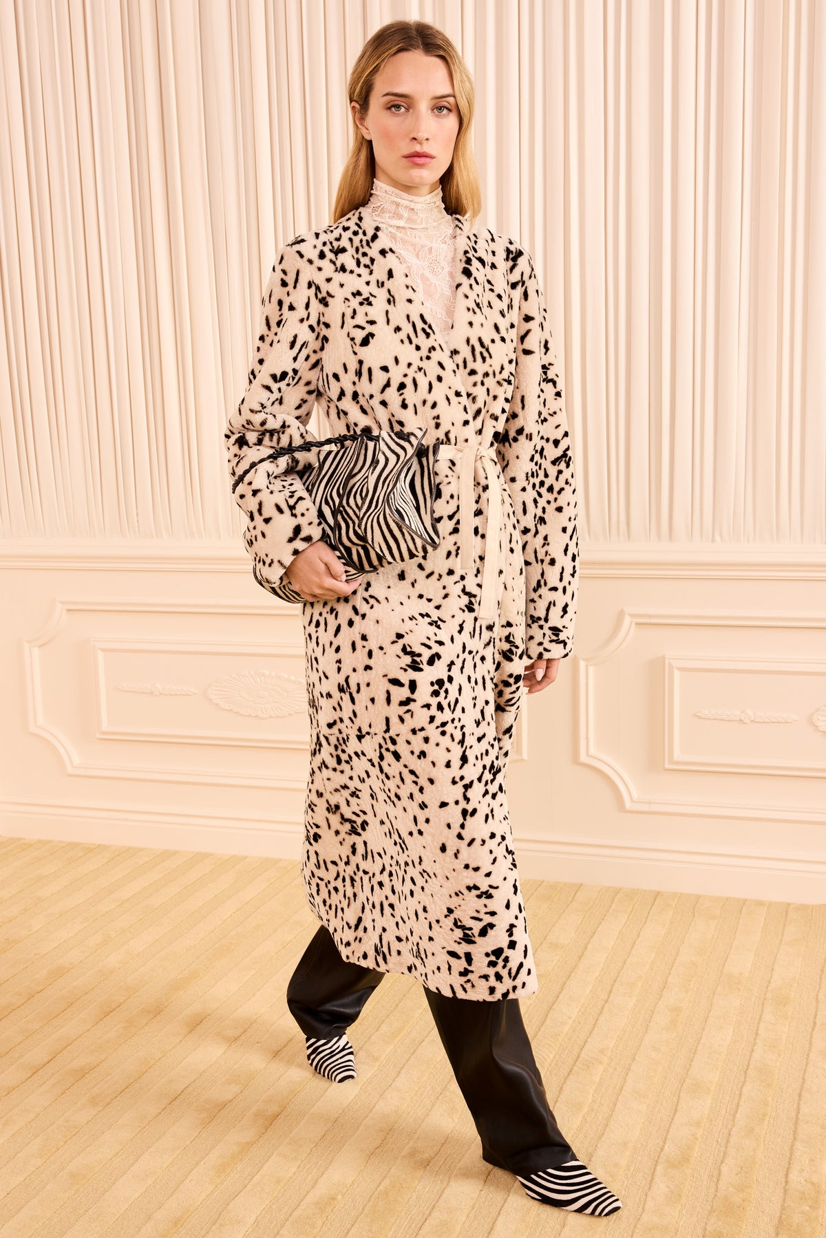 Wilden Spotted Shearling Coat, Belted Maxi Length - Front View | Ulla Johnson