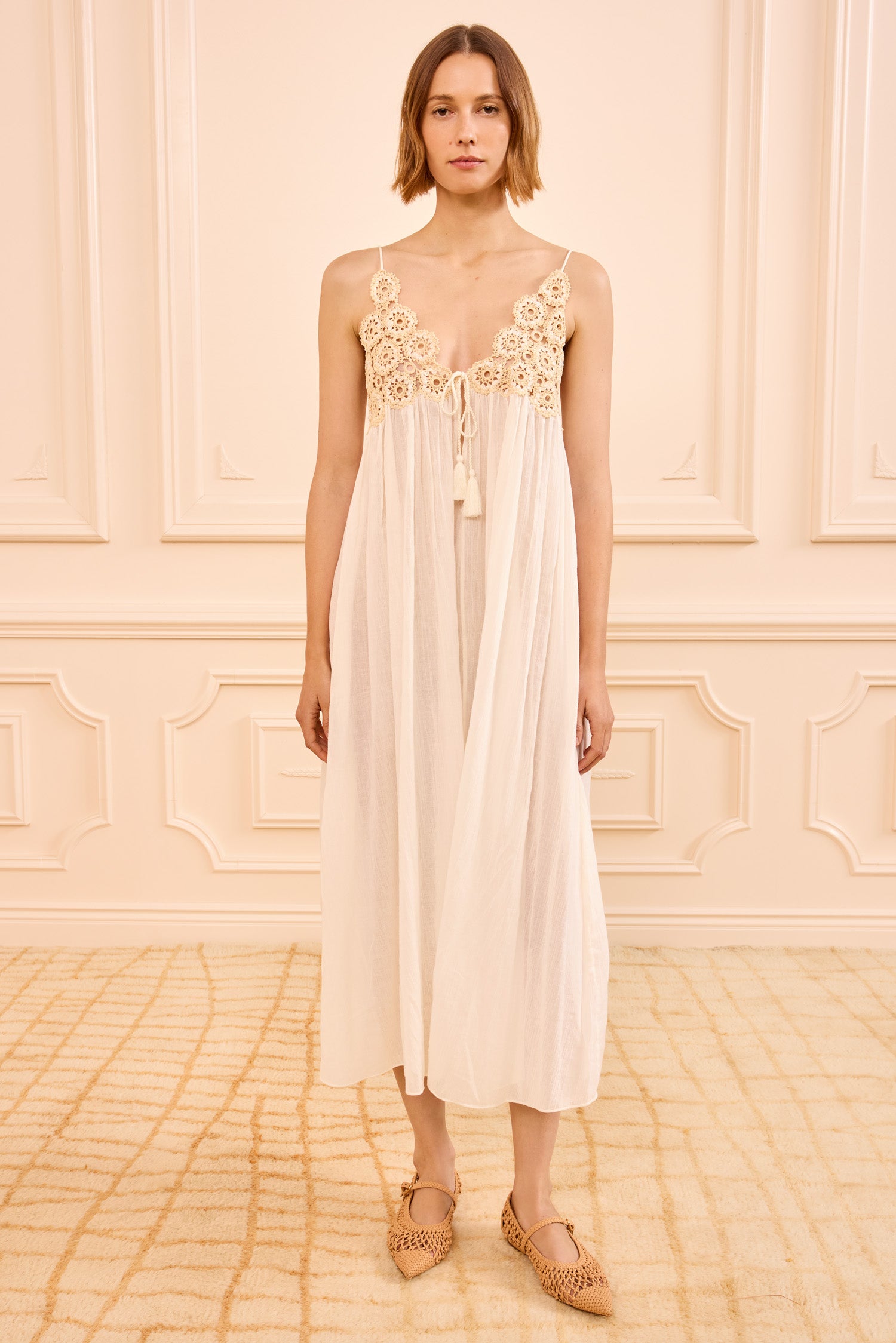 Zadie Dress Coverup with Crochet Detail - Creme