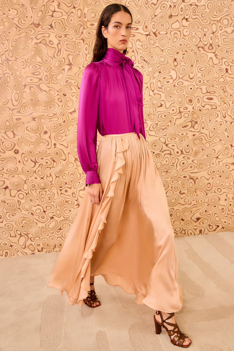 Zena Side Ruffle Midi Skirt - Sand Mid Rise Silk A-Line Skirt