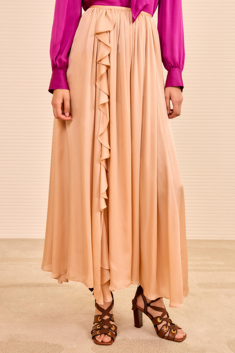 Zena Side Ruffle Midi Skirt - Sand Mid Rise Silk A-Line Skirt