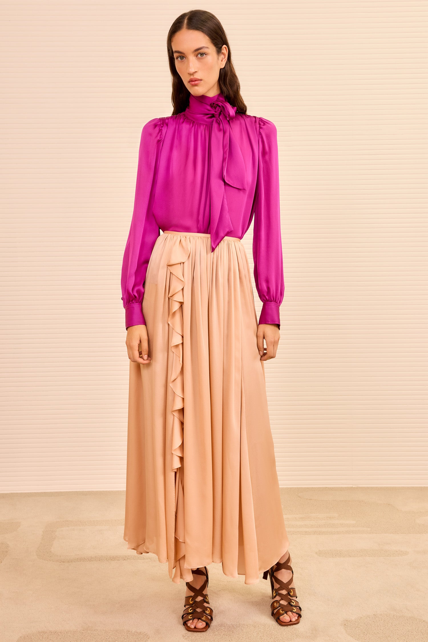 Zena Side Ruffle Midi Skirt - Sand