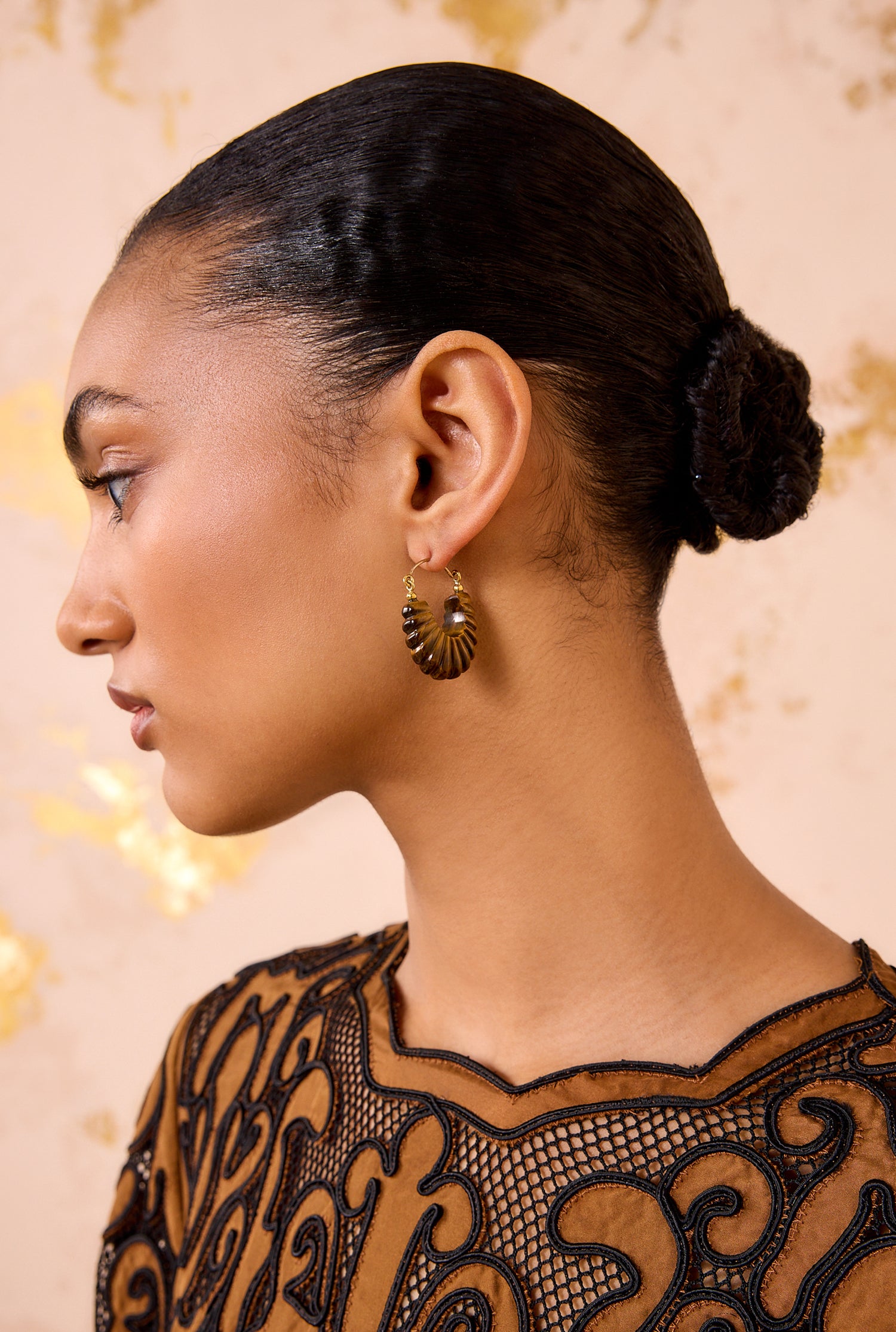 Zora Carved Shell Hoop Earring - Tiger's Eye