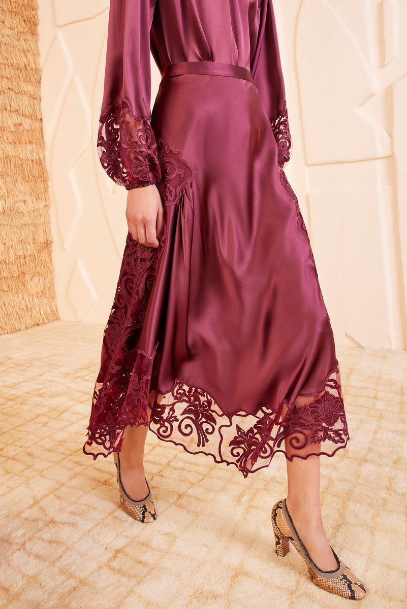 Cressida Skirt - Amethyst Red Burgundy Silk Lace Midi Skirt