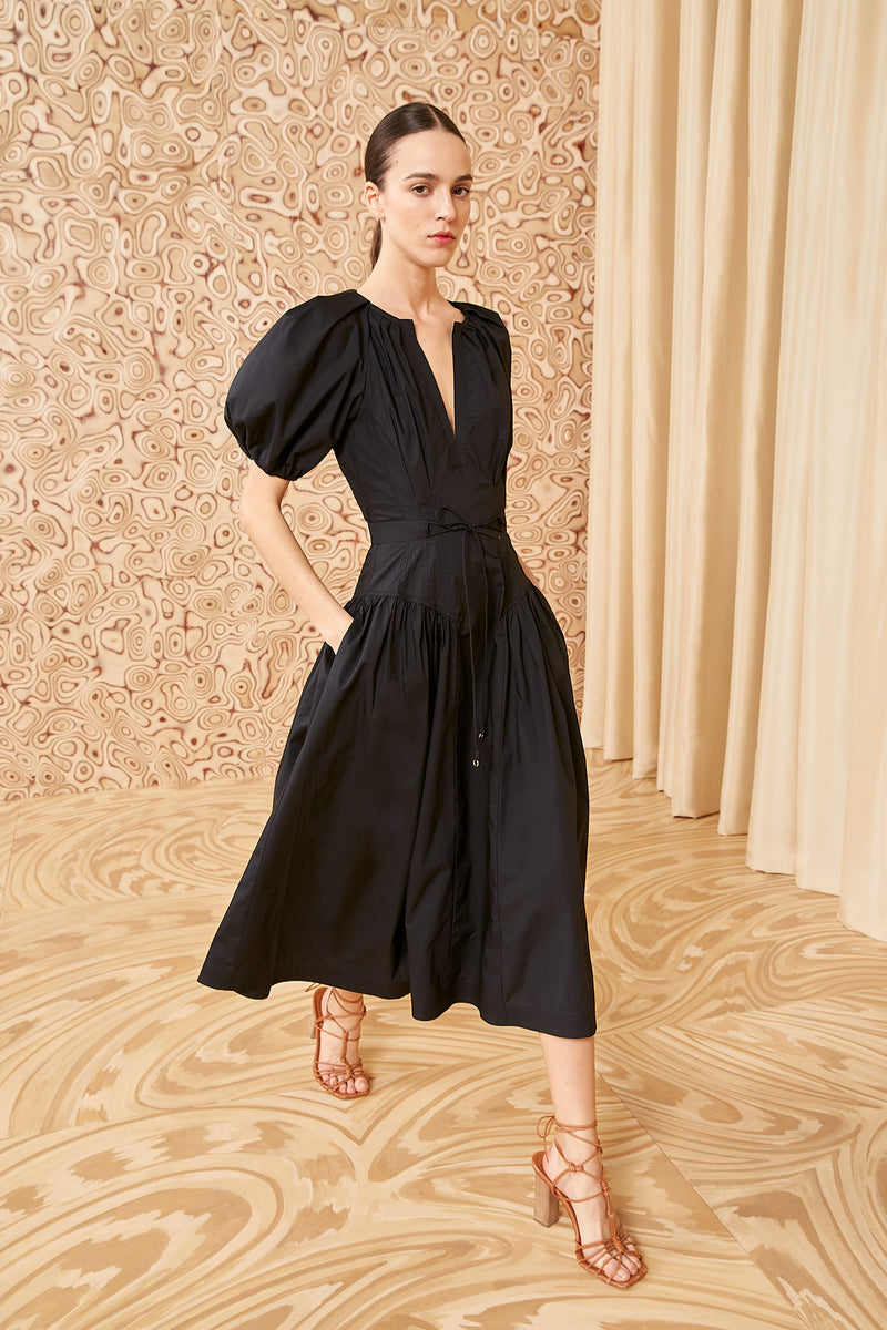 Carina Dress - Noir Black Cotton Belted Midi Dress - Ulla Johnson