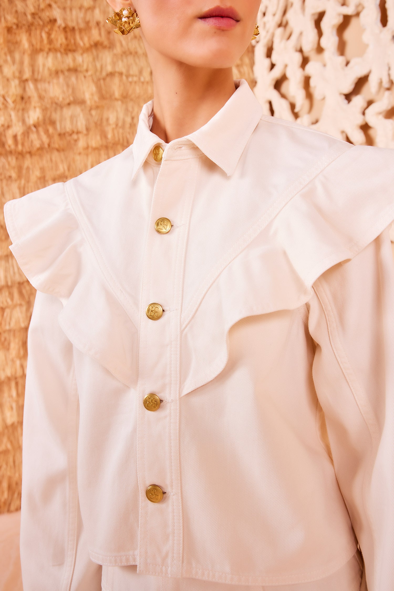 Mathilde Shirt Diagonal Ruffle & Monogram Button Close-Up Detail | Ulla Johnson