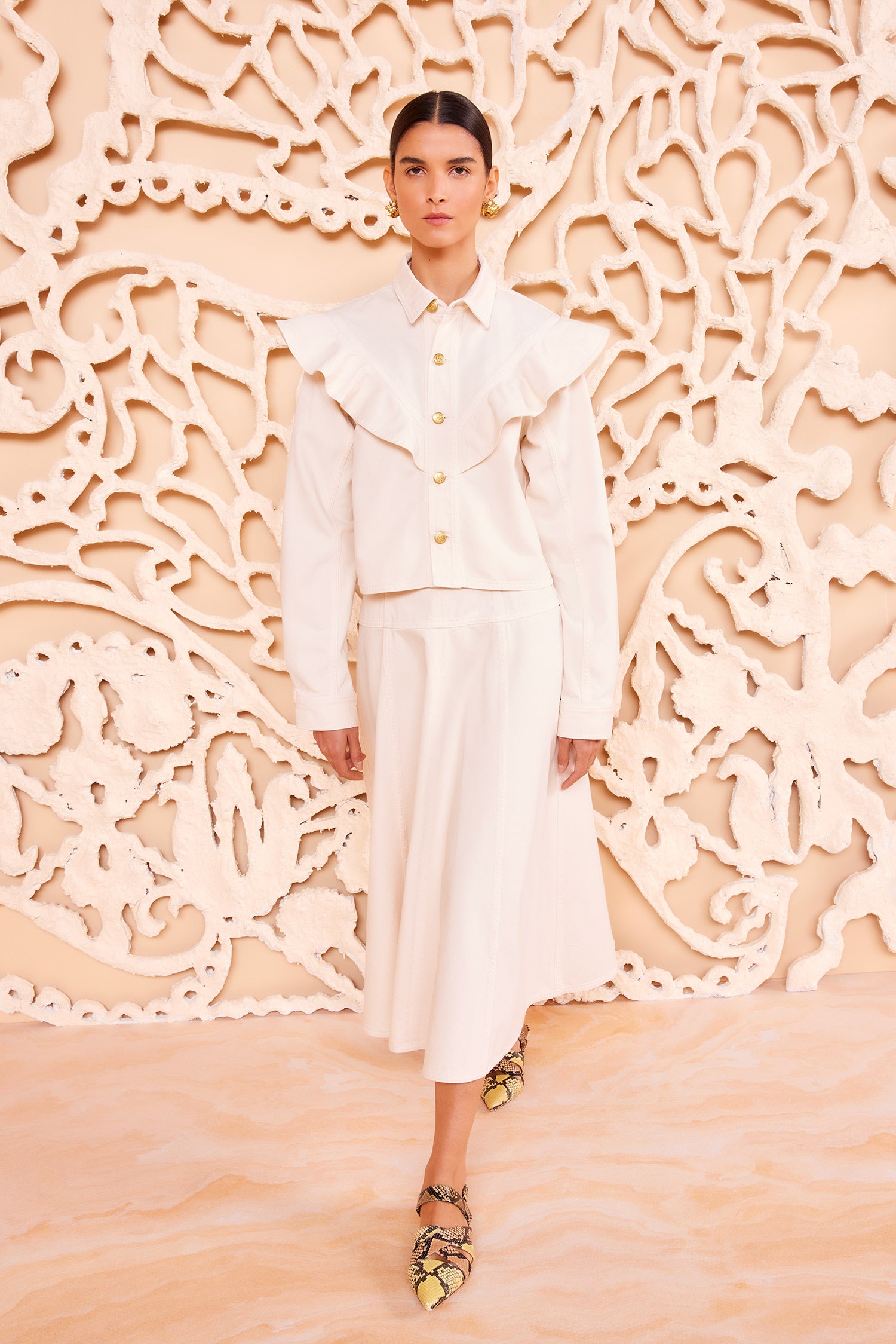 Pearled Cowrie Designer Cotton Shirt - Full Length Front, Styled with Matching Set | Ulla Johnson