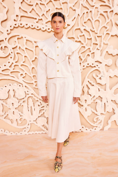 Pearled Cowrie Designer Cotton Shirt - Full Length Front, Styled with Matching Set | Ulla Johnson