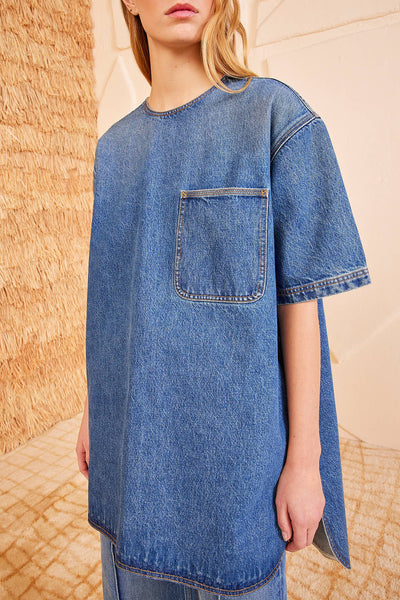 Danube Blue Denim Designer Tunic Dress, Patch Pocket Detail Close-Up - Front | Ulla Johnson