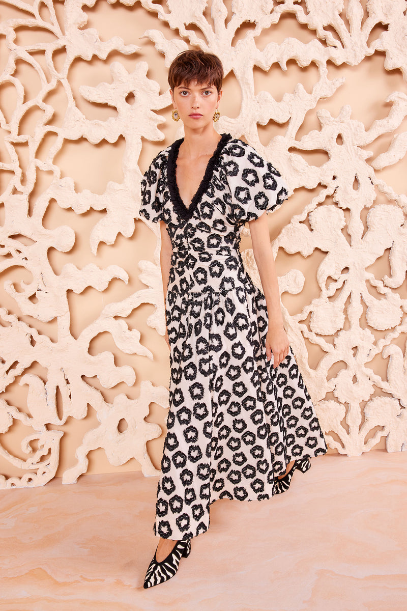 Violeta Dress - Lunar Black White Textured Short Sleeve Maxi