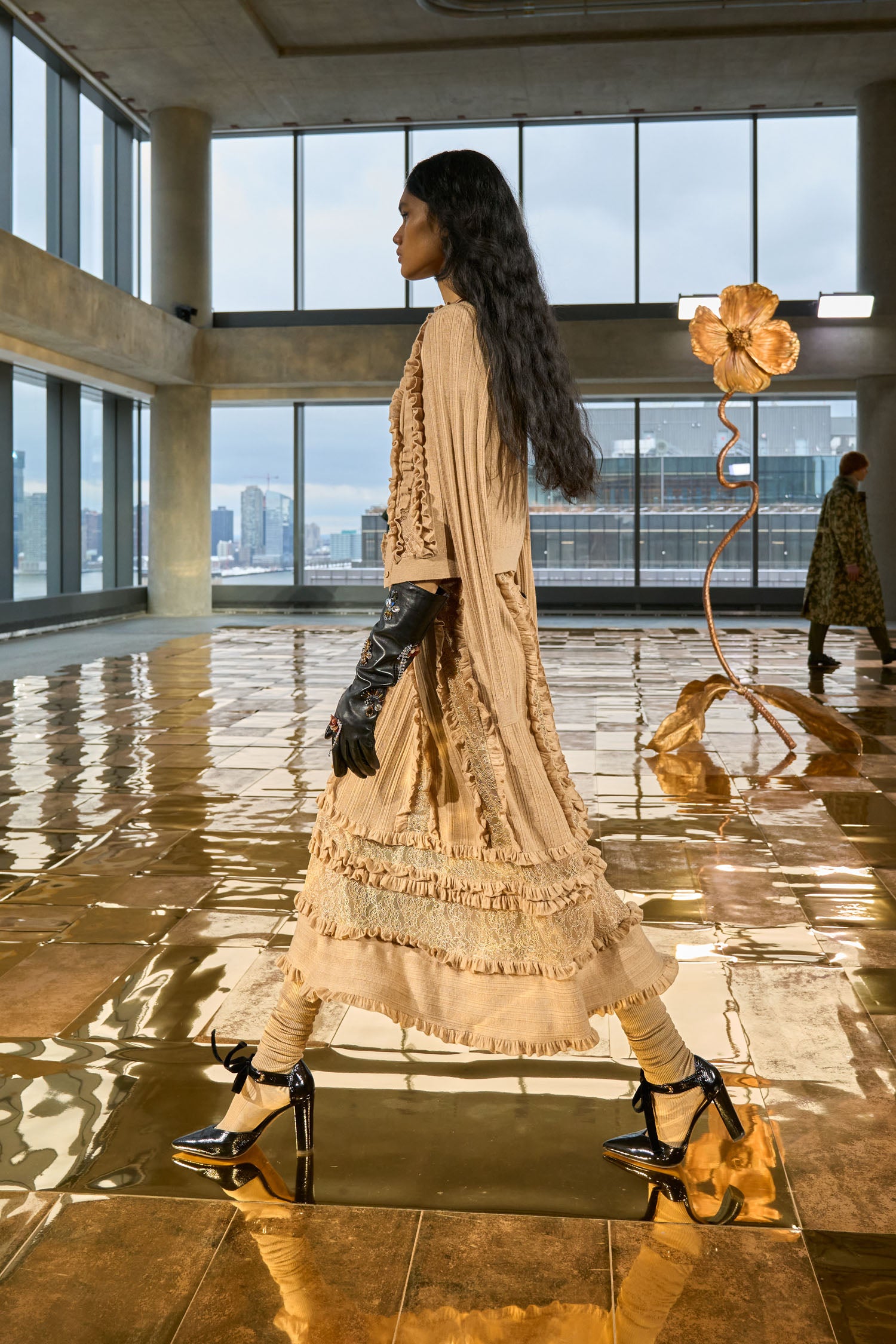 Anitha Ruffle and Lace Knit Tank - Camel Melange