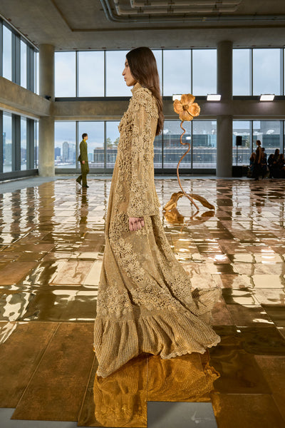 Bianca Crystal T-Strap Ballerina in Gold Python - AW25 Runway Look, Side On-Model | Ulla Johnson