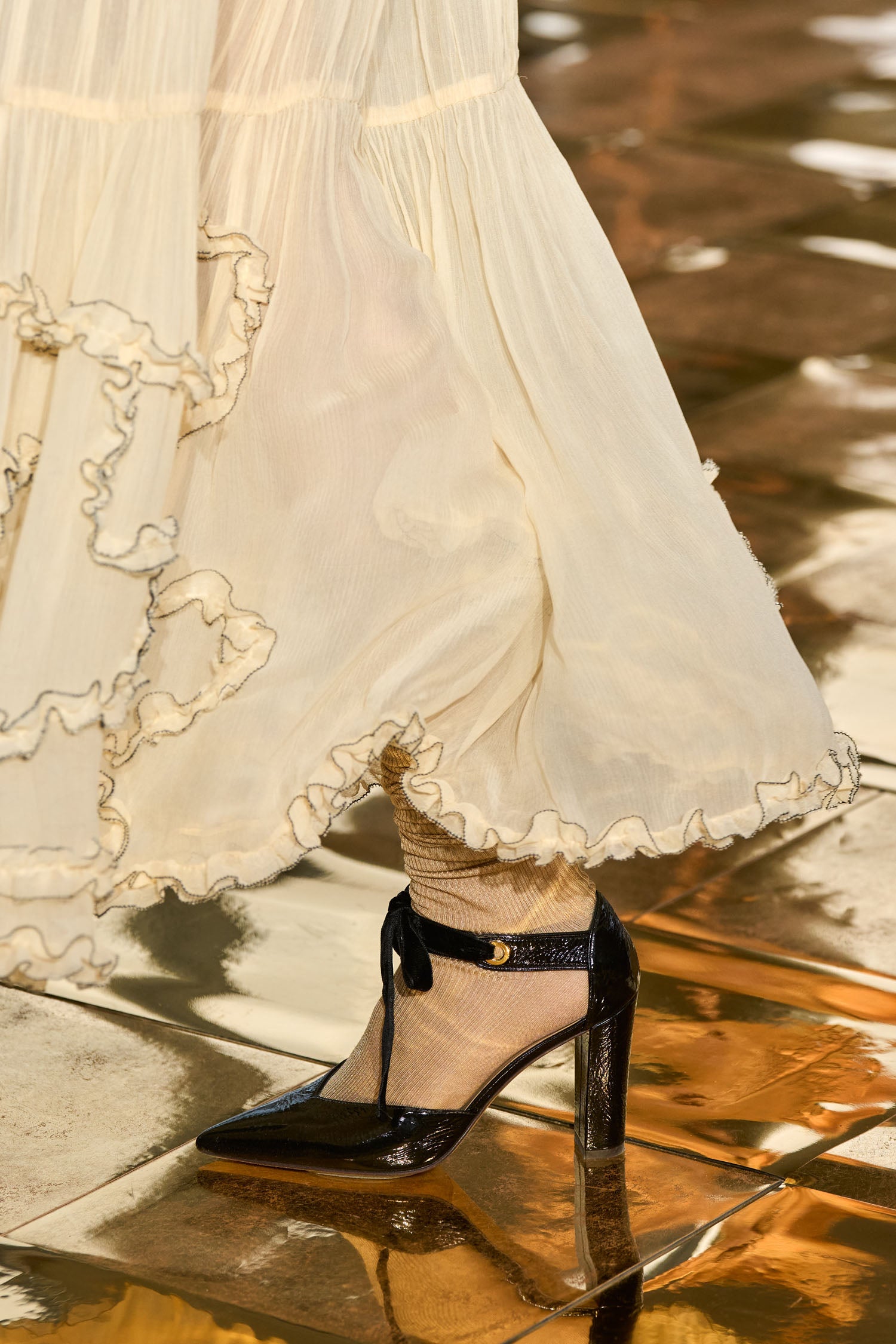 Noir Patent Leather Eyelet High Heel on Runway with Ivory Gown - Styled Look | Ulla Johnson