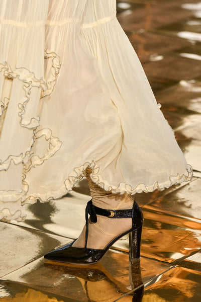 Noir Patent Leather Eyelet High Heel on Runway with Ivory Gown - Styled Look | Ulla Johnson