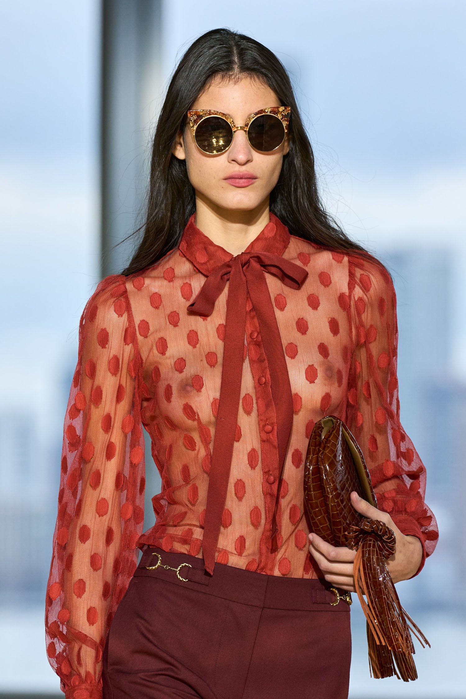Ulla Johnson Chestnut Croc-Embossed Paloma Tassel Bag - Runway Close-Up Detail, On Model | Ulla Johnson