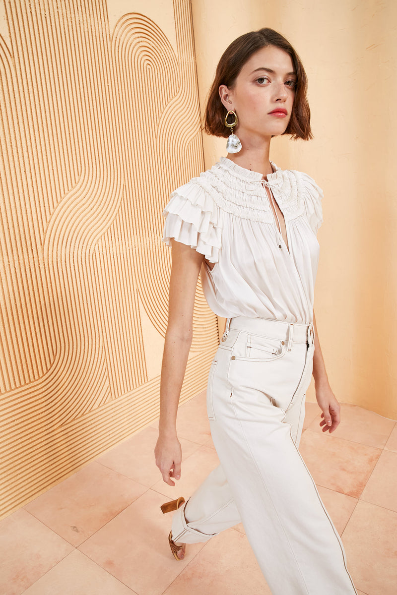 Eva Top - Blanc White Ruffle Sleeve Flutter Blouse - Ulla