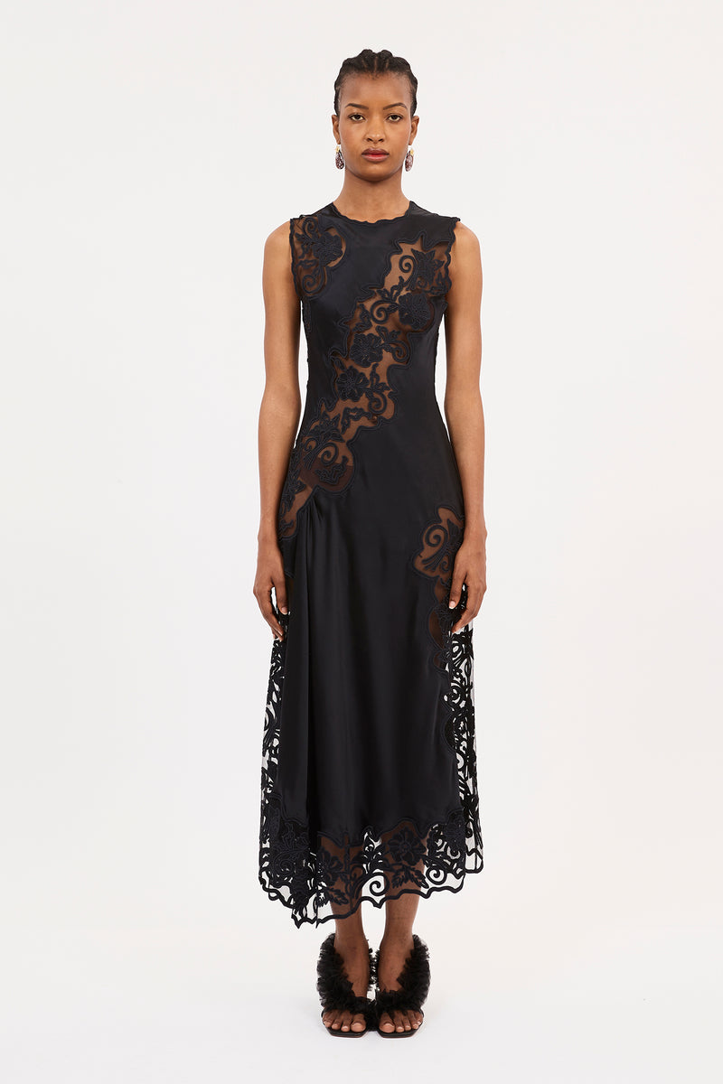 Kaia Dress - Noir Black Silk Lace Charmeuse Dress - Ulla Johnson