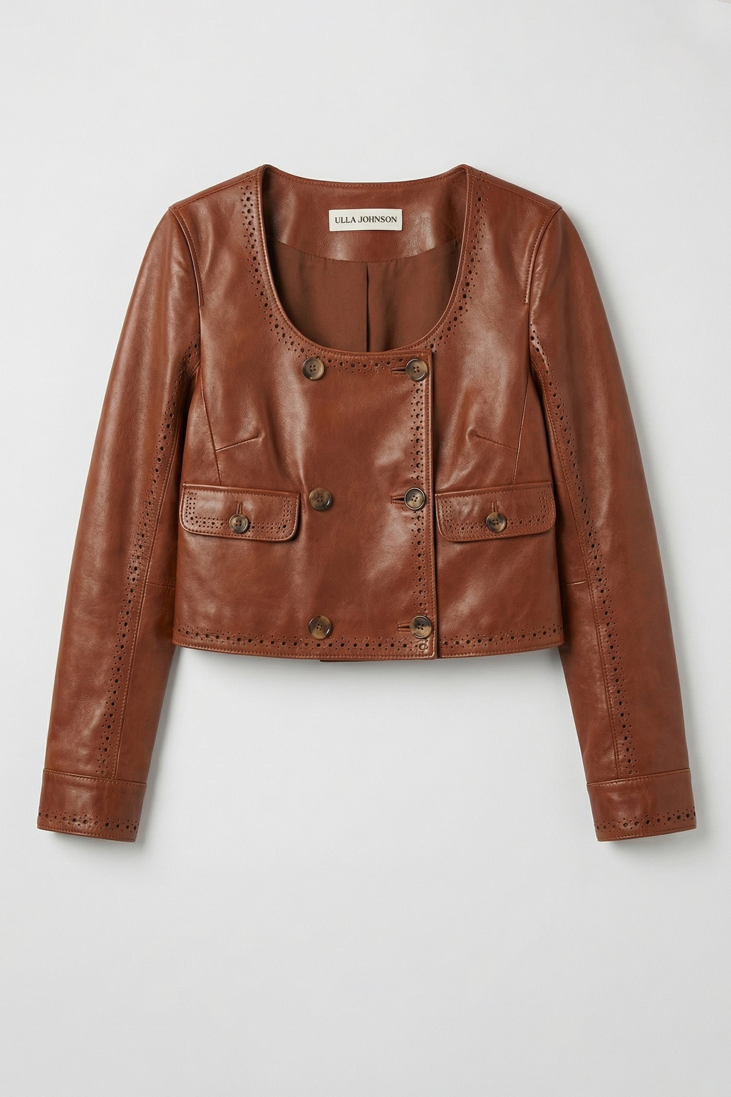 Wenge Brown Lambskin Kiran U-Neck Leather Jacket - Flat Lay, Perforated Detail | Ulla Johnson