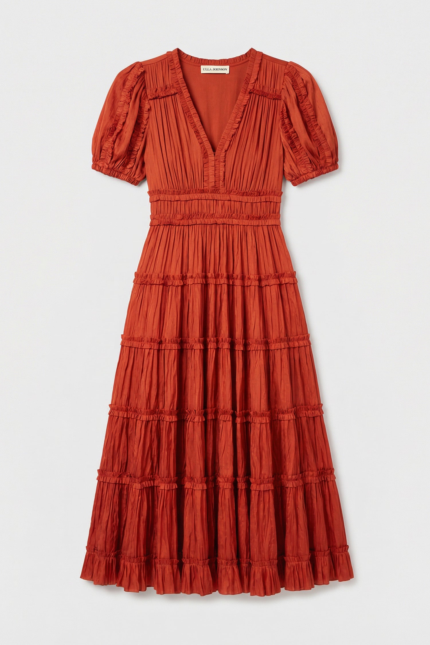 Copper Tiered Ruffle Midi Dress - Flat Lay Front View | Ulla Johnson