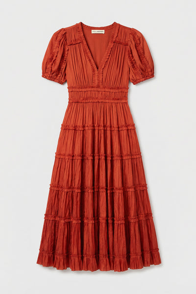 Copper Tiered Ruffle Midi Dress - Flat Lay Front View | Ulla Johnson