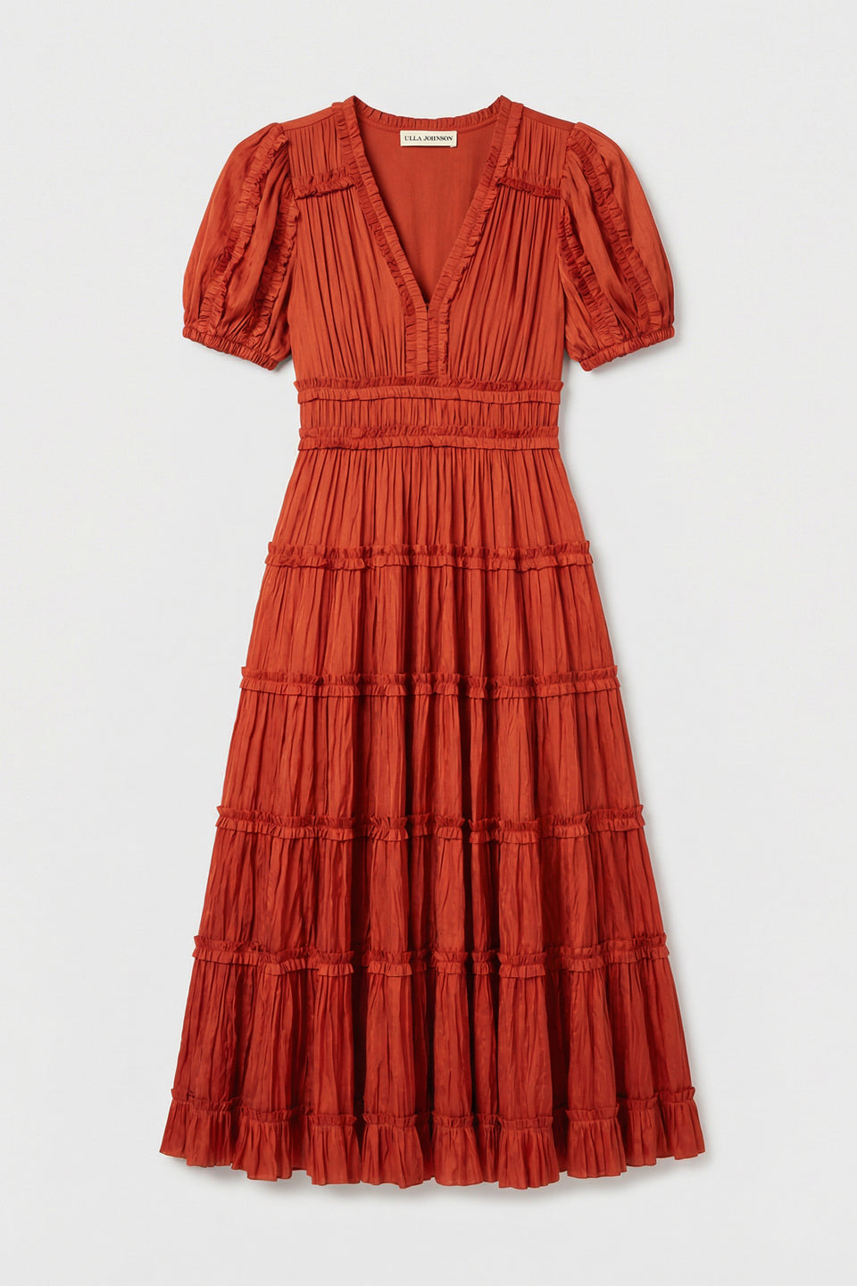 Copper Tiered Ruffle Midi Dress - Flat Lay Front View | Ulla Johnson