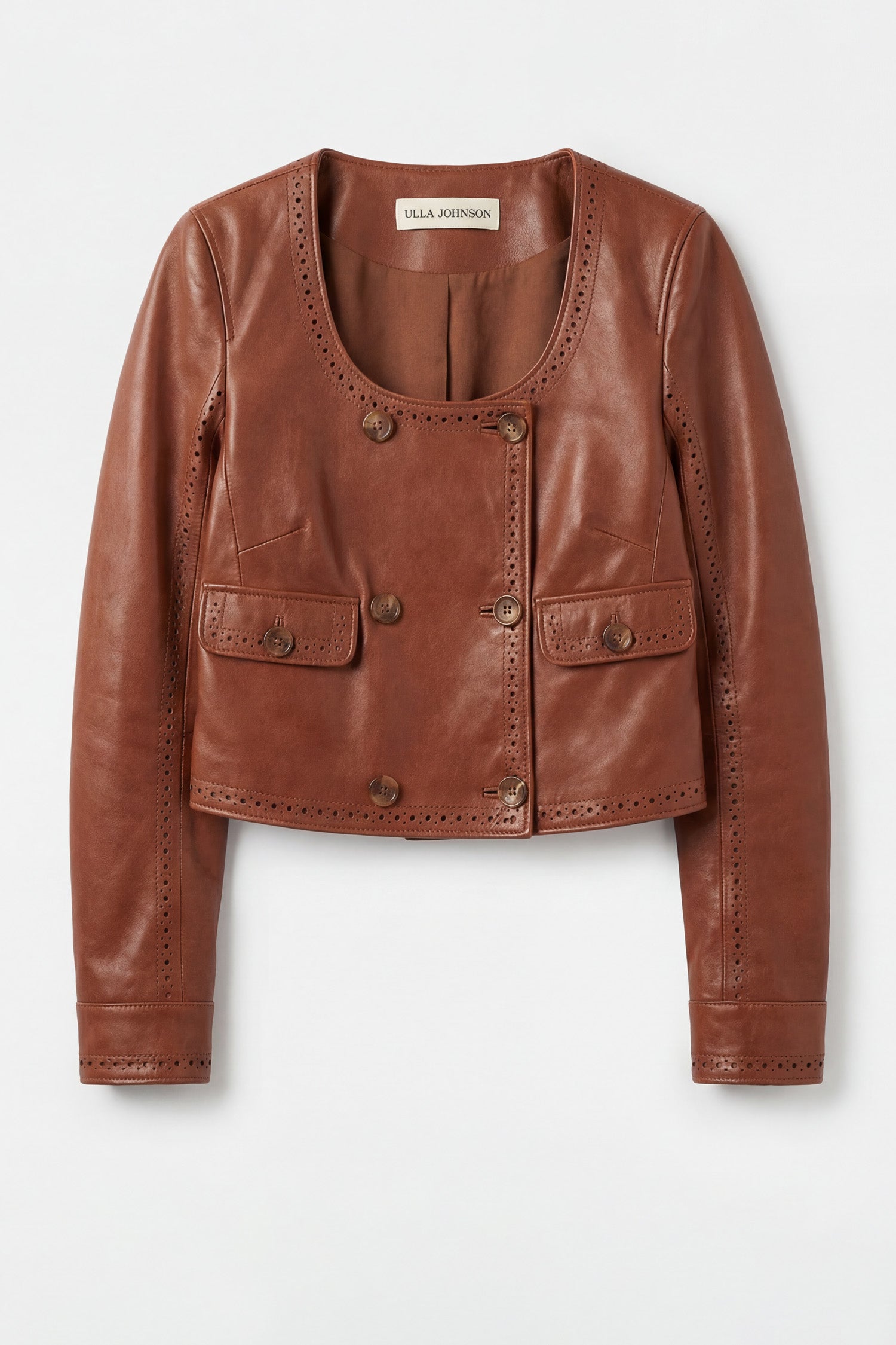 Wenge Lambskin Cropped Leather Jacket - Flat Lay with Perforated Detail | Ulla Johnson