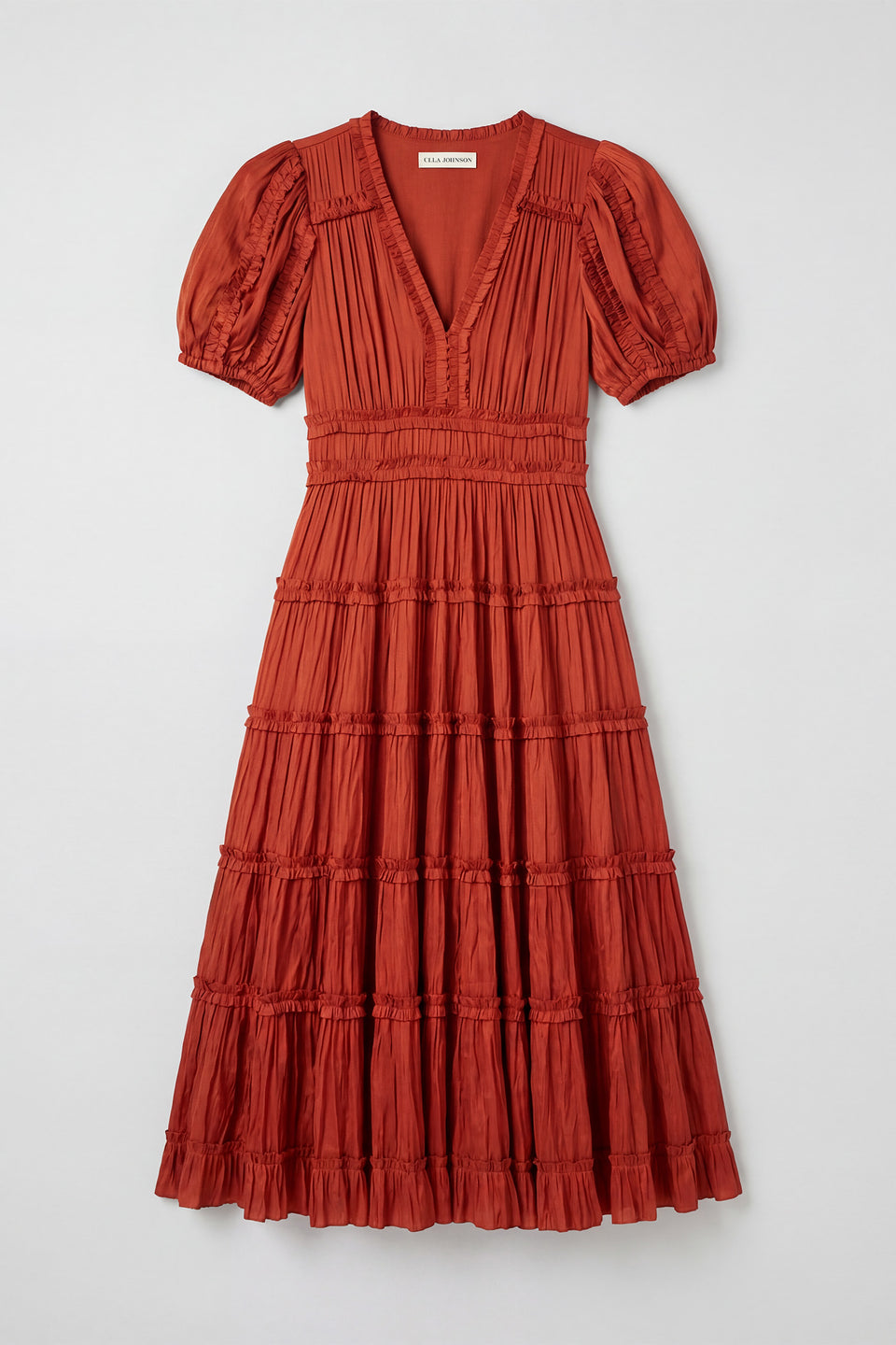 Copper Tiered Ruffle Midi Dress Flat Lay - Designer Pleated V-Neck | Ulla Johnson