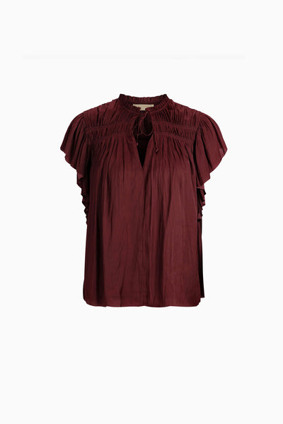 Claret Plissé Satin Flutter Sleeve Top - Front Flat View | Ulla Johnson