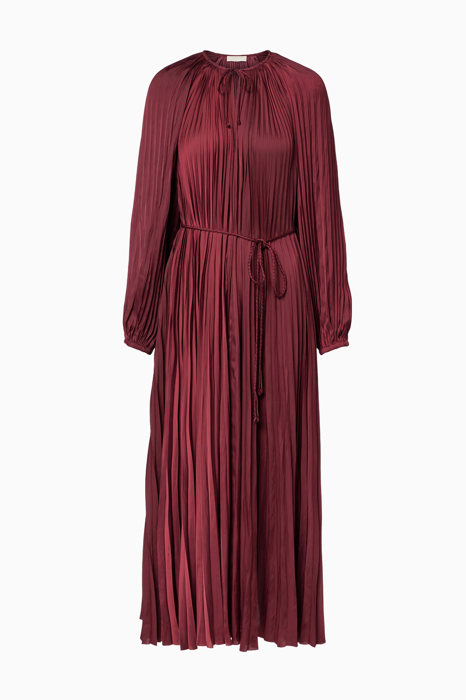 Claret Satin Plissé Long Sleeve Midi Dress - Front Flat View | Ulla Johnson