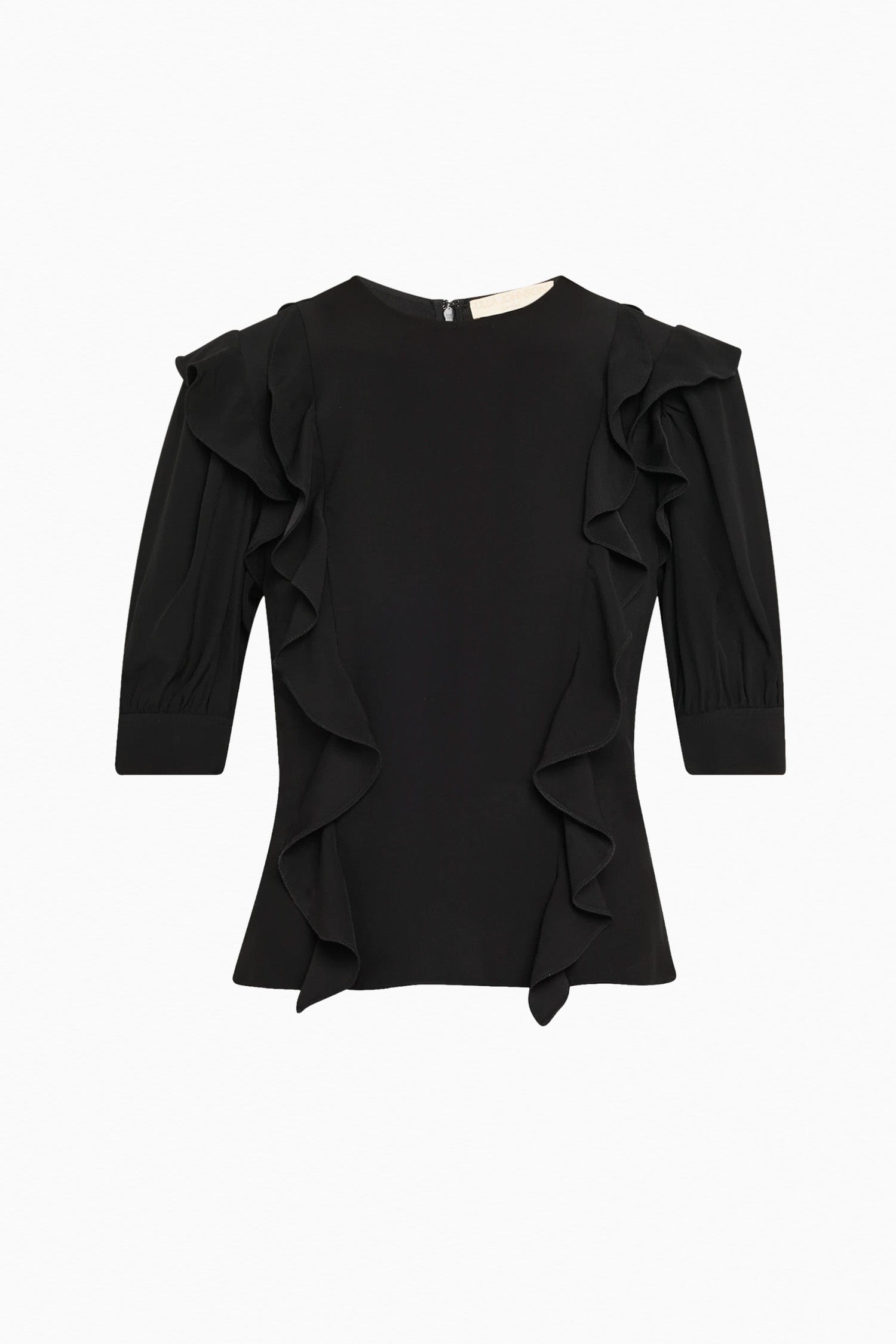 Noir Viscose Ruffle-Trim Blouse, Flat Lay Front View - Luxury Designer Top | Ulla Johnson