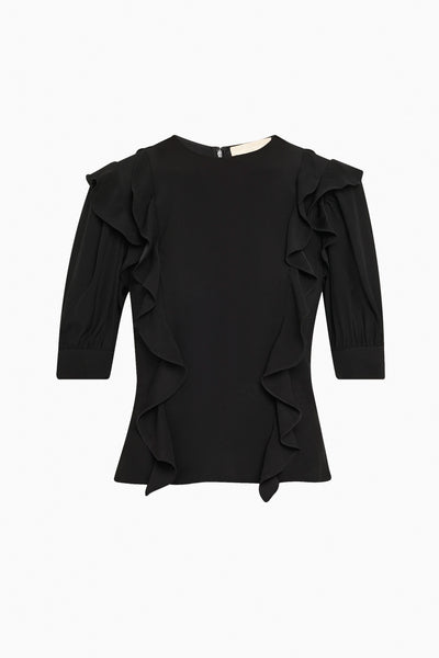 Noir Viscose Ruffle-Trim Blouse, Flat Lay Front View - Luxury Designer Top | Ulla Johnson