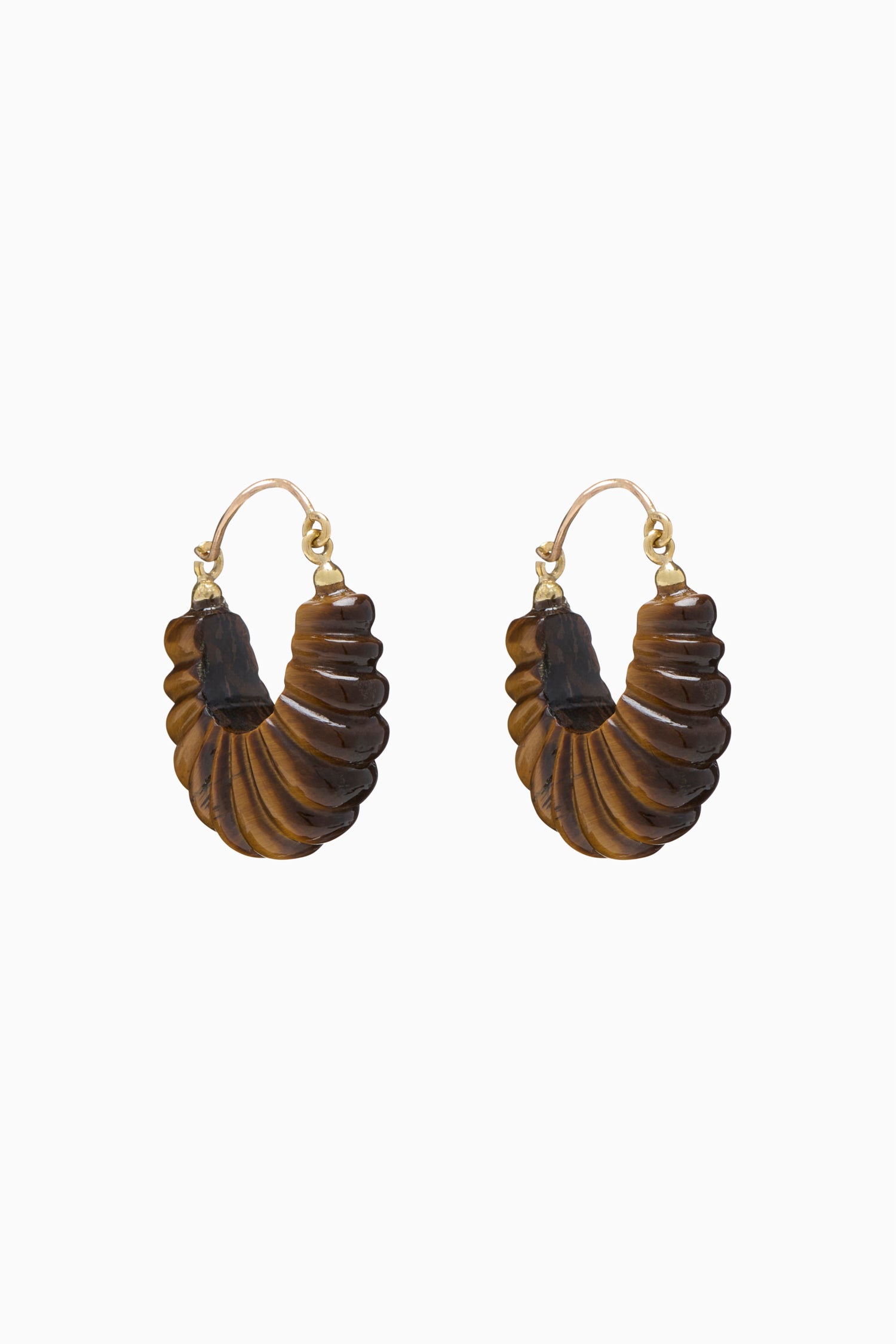 Zora Carved Shell Hoop Earring Tiger's Eye Artisan Carved Brass