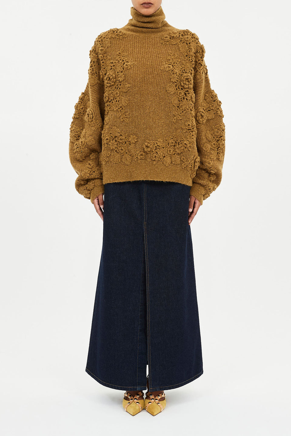 Lelou Floral Crochet Knit Turtleneck - Pine