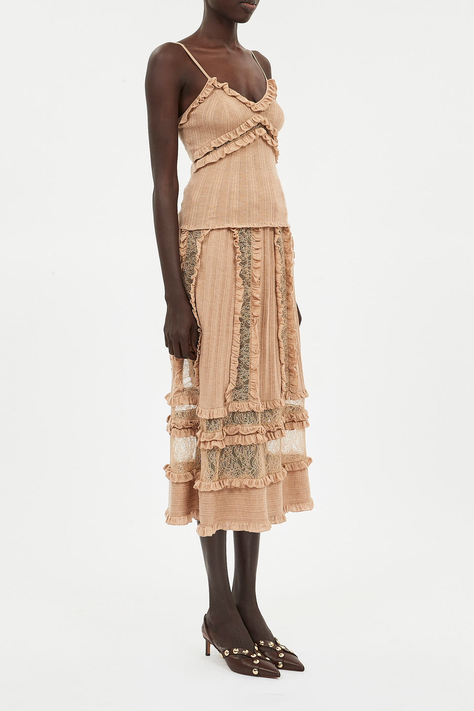 Anitha Ruffle and Lace Knit Tank - Camel Melange