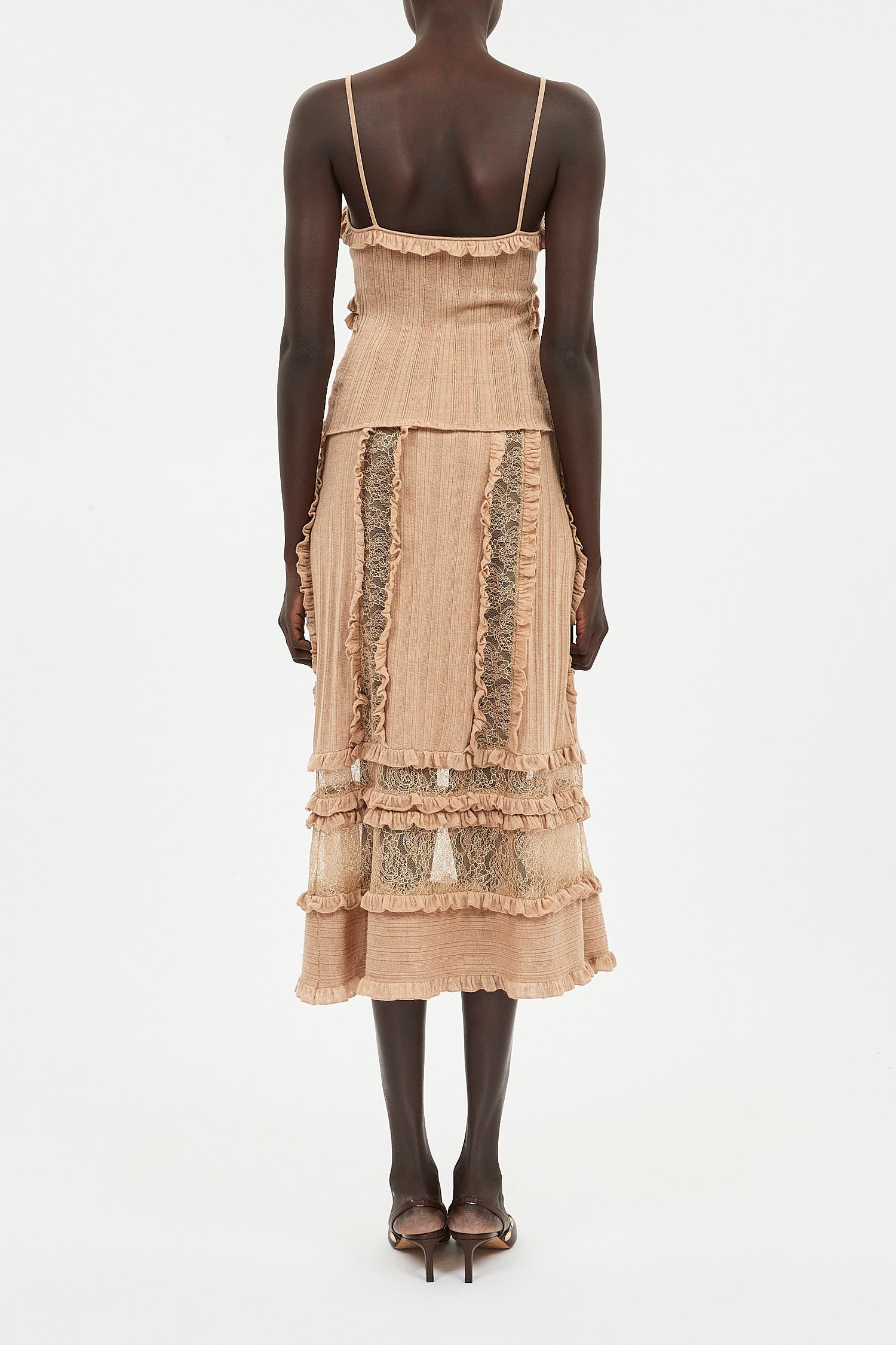 Anitha Ruffle and Lace Knit Tank - Camel Melange