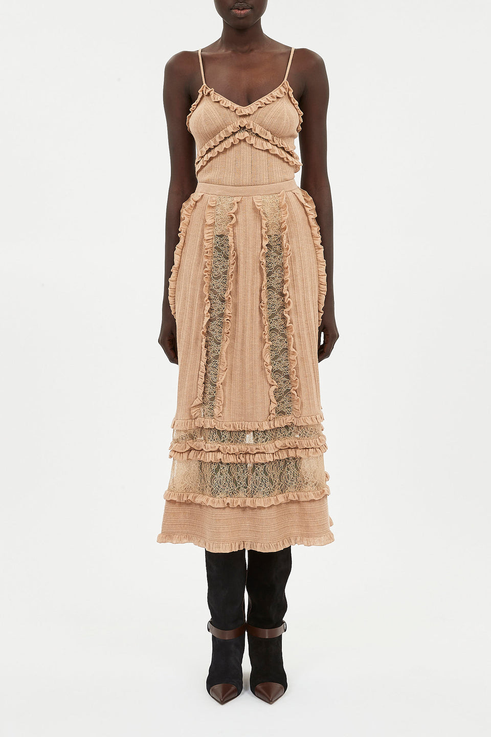 Vivian Ruffle and Lace Knit Midi Skirt- Camel Melange