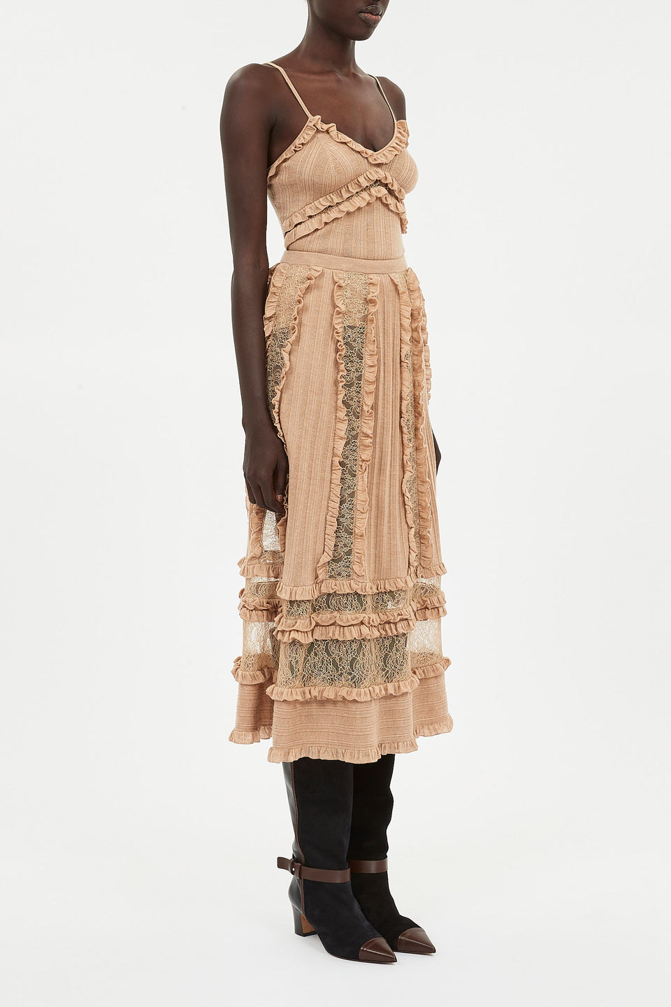 Vivian Ruffle and Lace Knit Midi Skirt- Camel Melange