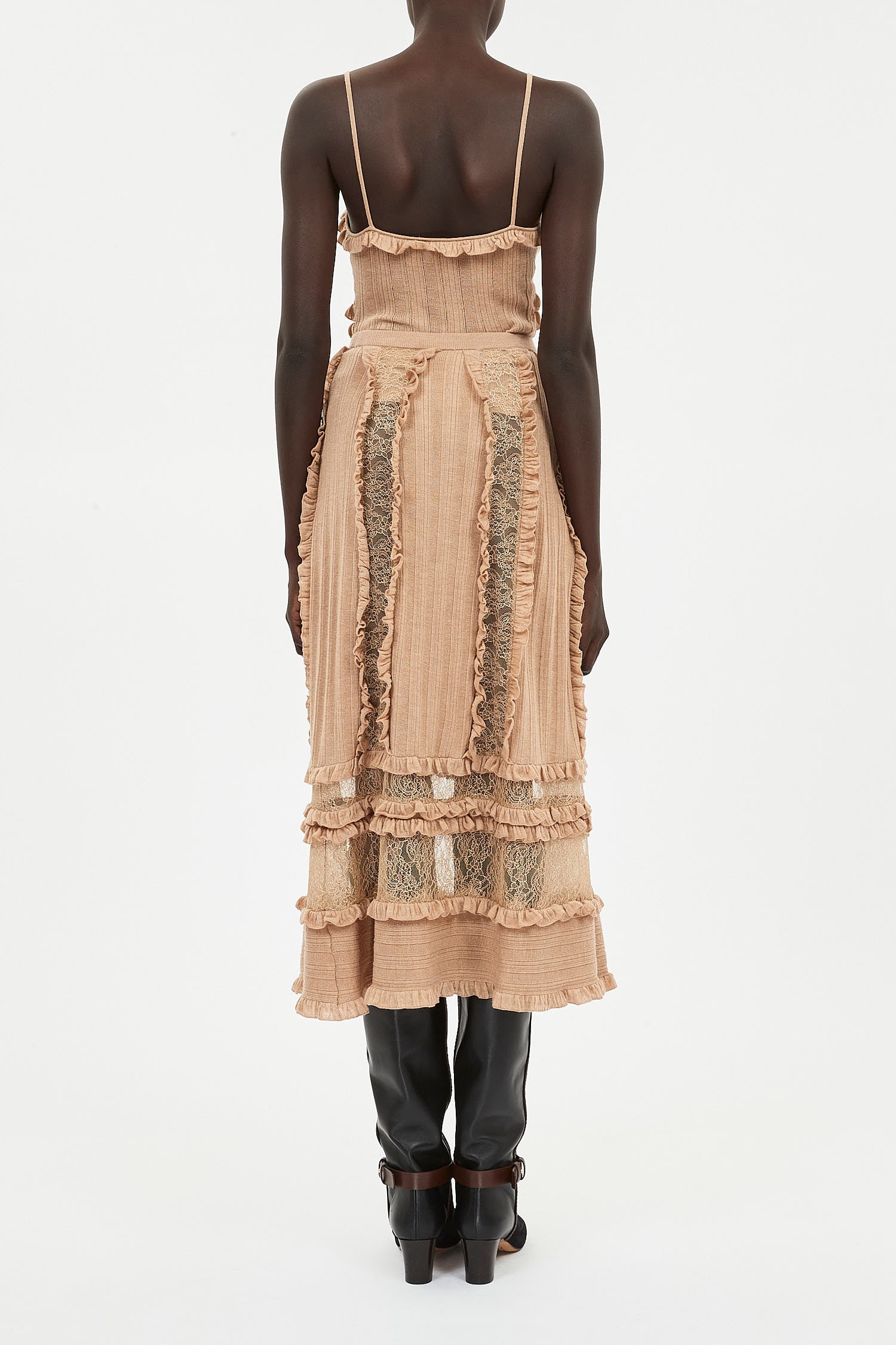 Vivian Ruffle and Lace Knit Midi Skirt- Camel Melange