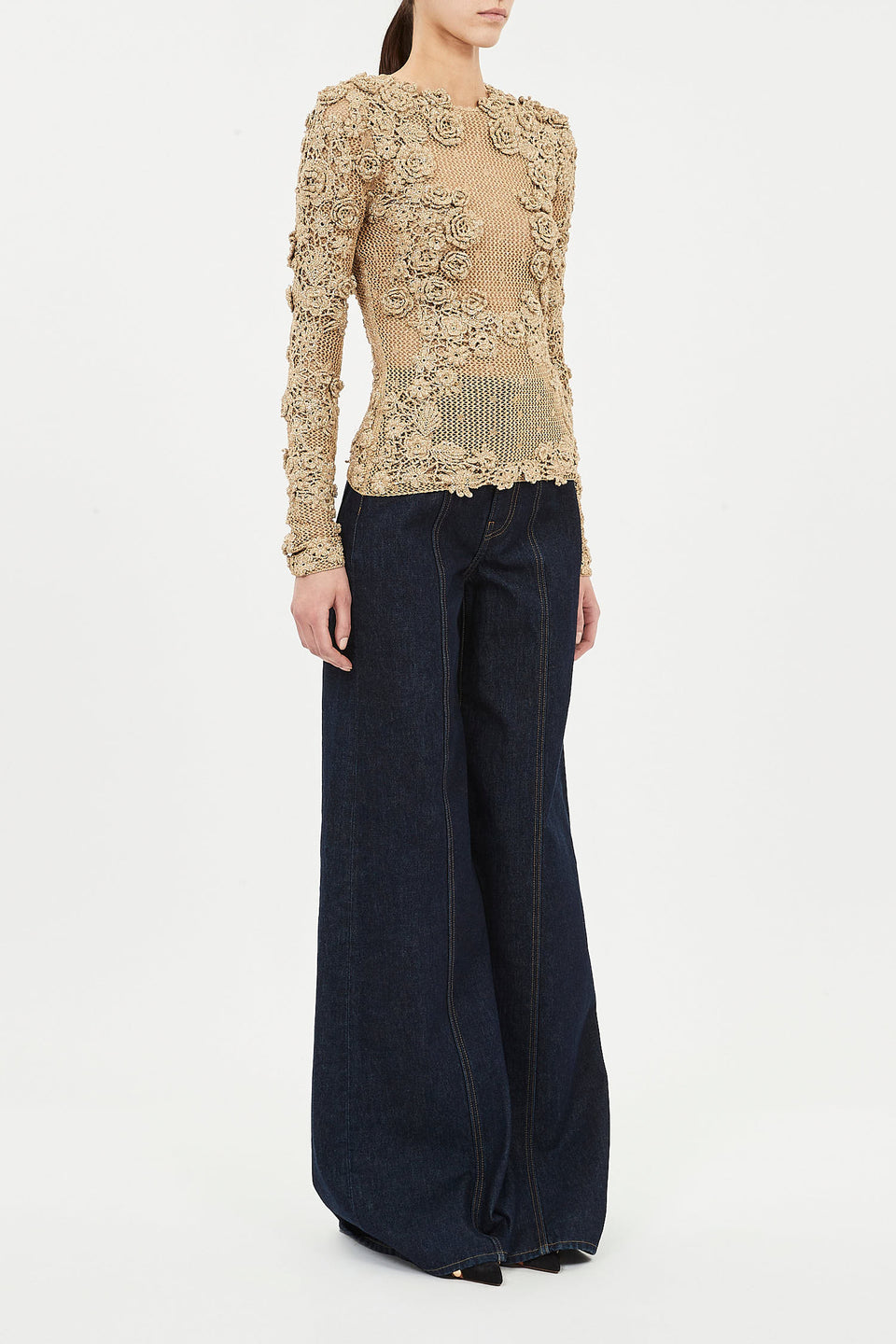 Viola Metallic Floral Crochet Knit Pullover - Lurex Combo