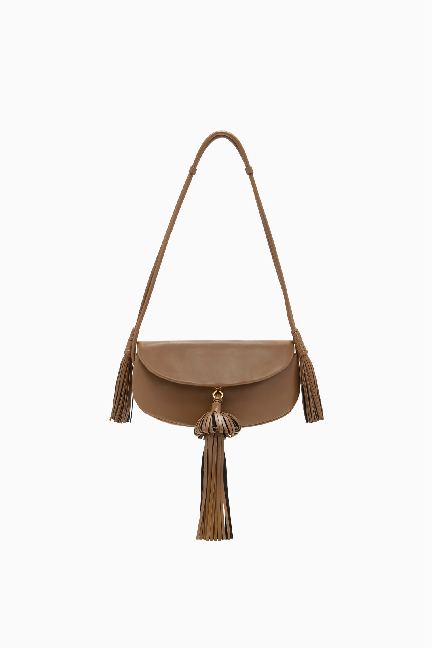 Chestnut Leather Paloma Tassel Demi Lune Bag - Front View | Ulla Johnson