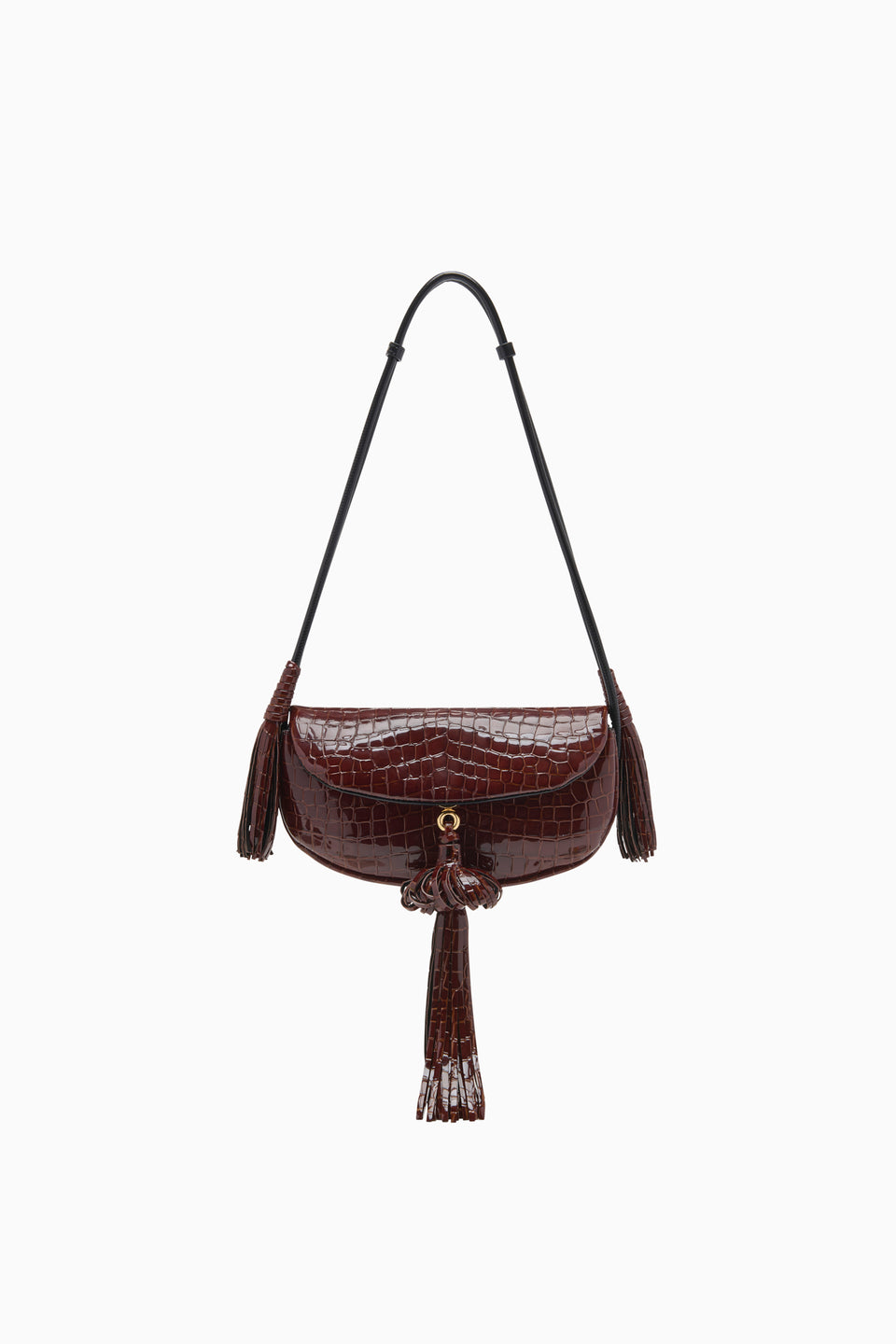 Chestnut Croc-Embossed Leather Tassel Demi Lune Bag - Front View | Ulla Johnson
