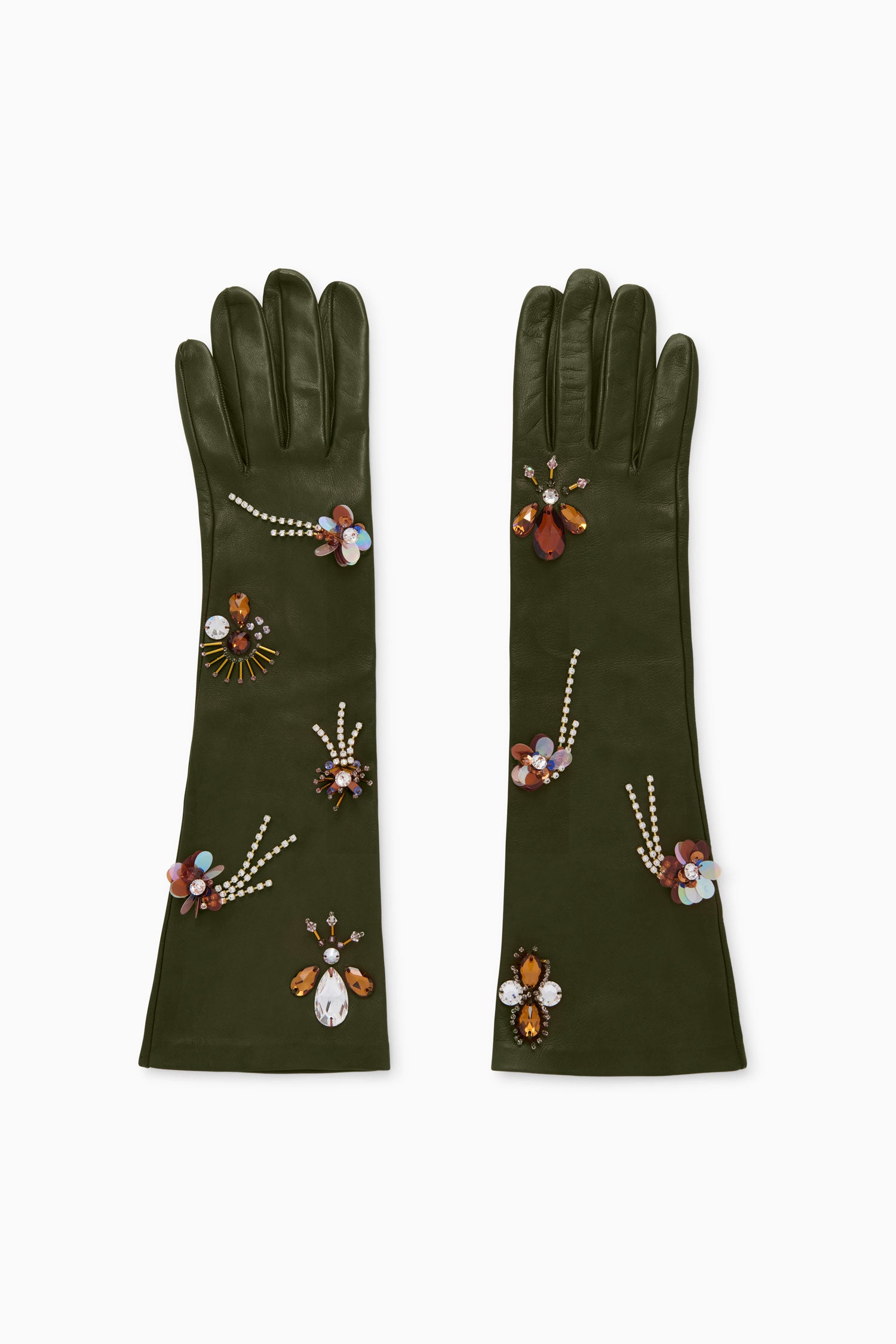Laetitia Embellished Leather Gloves Militaire