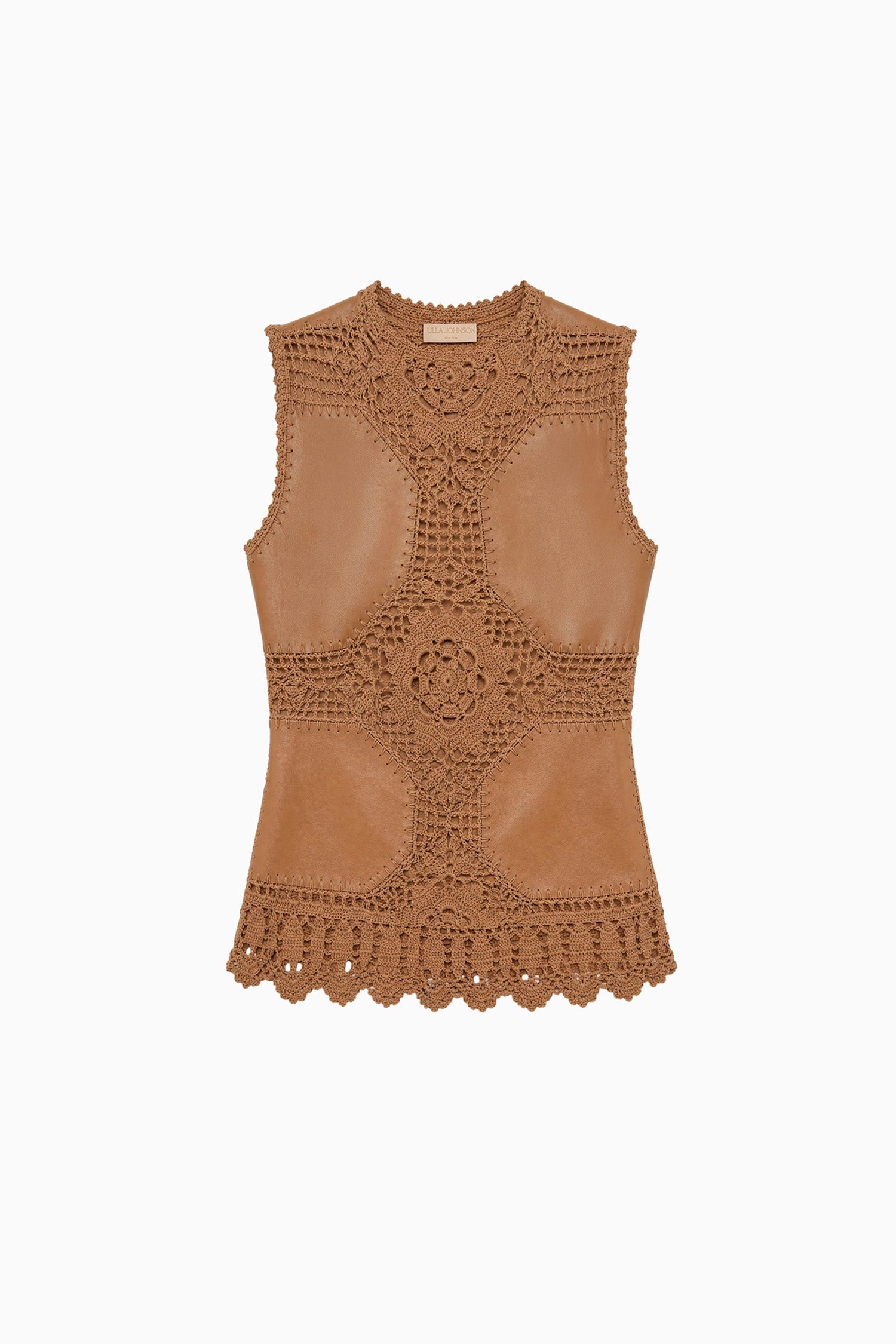 Livia Sleeveless Crochet & Leather Top - Camel