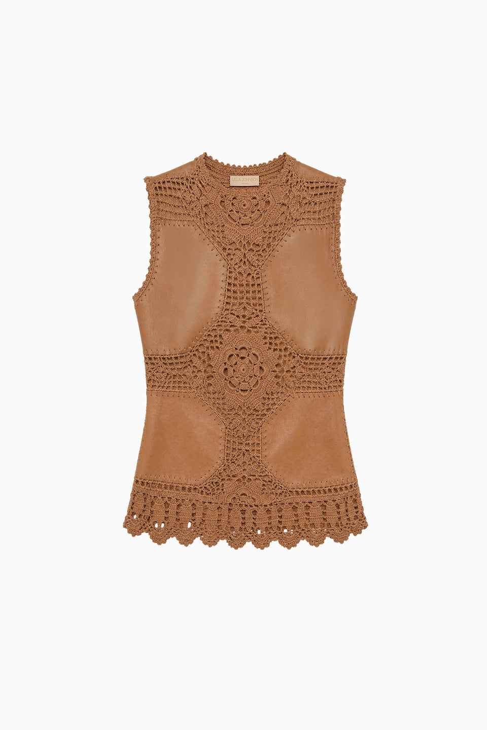 Livia Sleeveless Crochet & Leather Top - Camel
